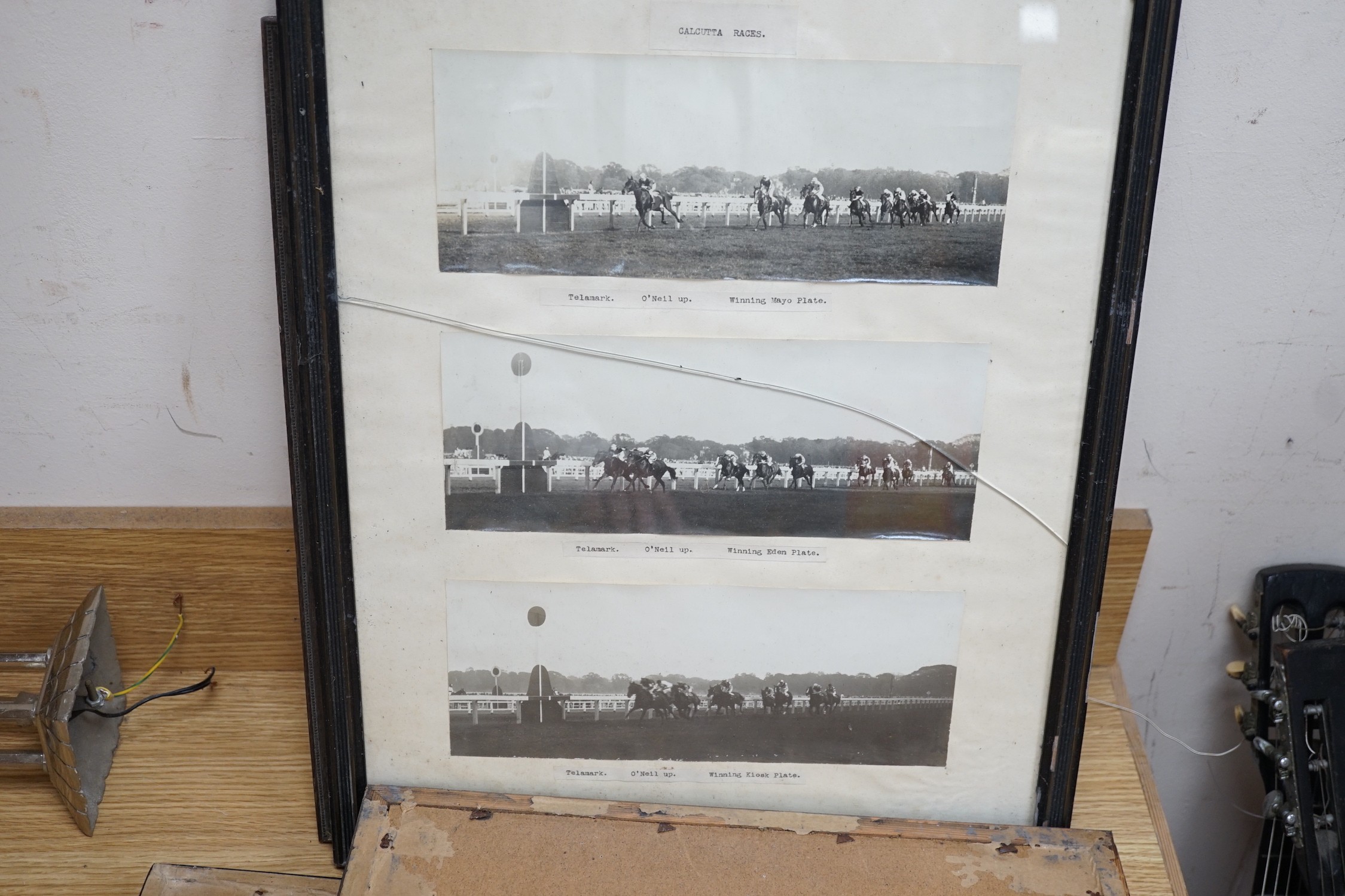 D M & E M Alderson, pair of watercolours, Portraits of racehorses c.1943/48 raced at Calcutta, together with a group of related photographs and ephemera, signed and dated, 38 x 52cm